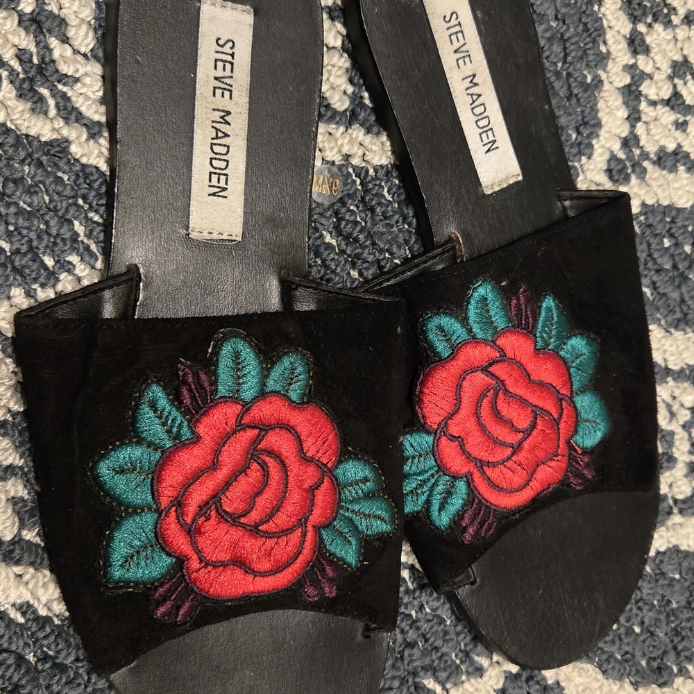 Steve Madden Black Sandals with Red Floral Embroidery